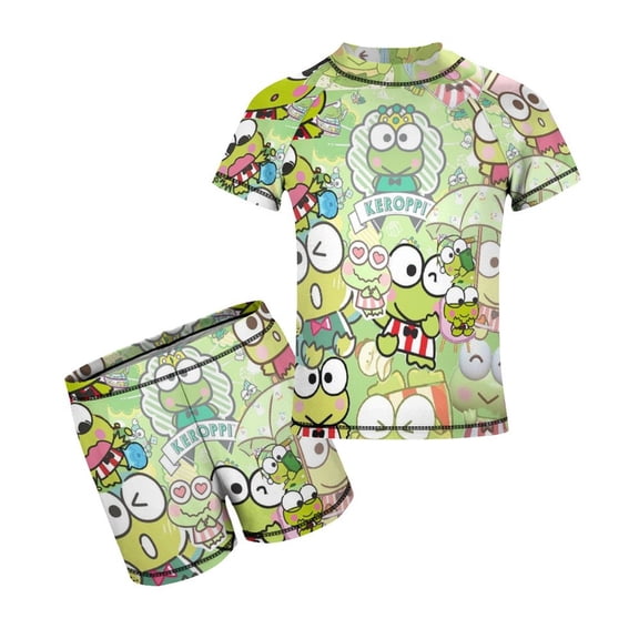 Keroppi Boys Rash Guard Set 2 Piece Swimsuits Short Sleeve Bathing Suits with Trunks
