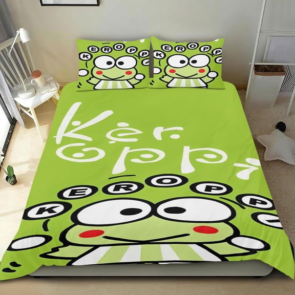 Keroppi Frog cotton bedding set, three pieces, soft and skin-friendly, distinctive design, fade-resistant print, breathable weave， 53x79 in (135*200 cm).