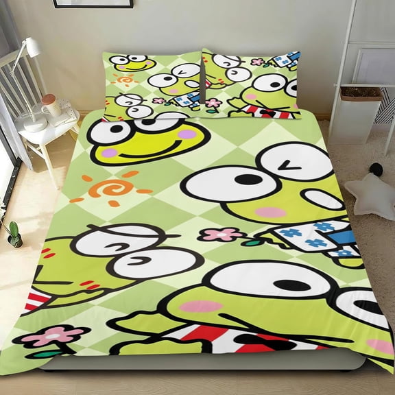 Keroppi Frog cotton bedding set, three pieces, soft and skin-friendly, distinctive design, fade-resistant print, breathable weave， 55x79 in (140*200 cm).