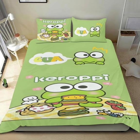 Keroppi Frog cotton sheet set, three pieces, soft on skin, distinctive design, durable stitching, great gifts for family, friends, fans, 68x86 in (173*218 cm).