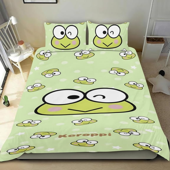 Keroppi Frog cotton sheets set, three-piece, comfortable and skin-friendly, distinctive design, ideal home decor gifts, 68x86 in (173*218 cm).