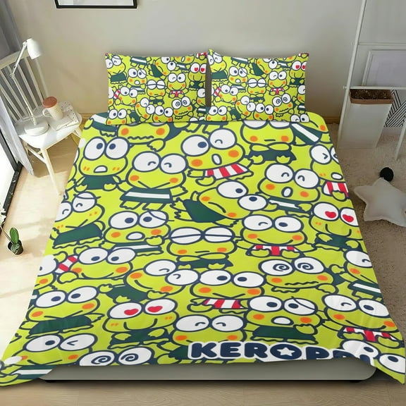 Keroppi Frog-themed Bed Sheet Set Three Piece Set Comfortable And Skin Friendly Unique Design Home Decor Gifts For Family Friends fans54x79Inches135cm*200cm