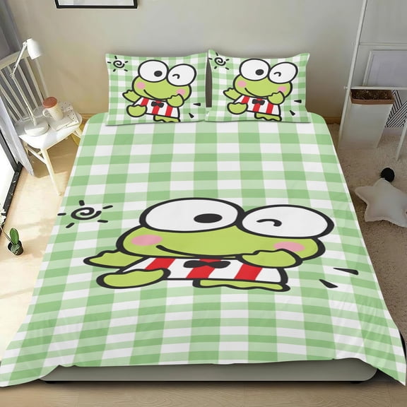 Keroppi Frog three-piece cotton bed set, comfortable and skin-friendly, non-slip corners, distinctive design, great home decor gifts, 36x75 in (90*190 cm; Twin XL).