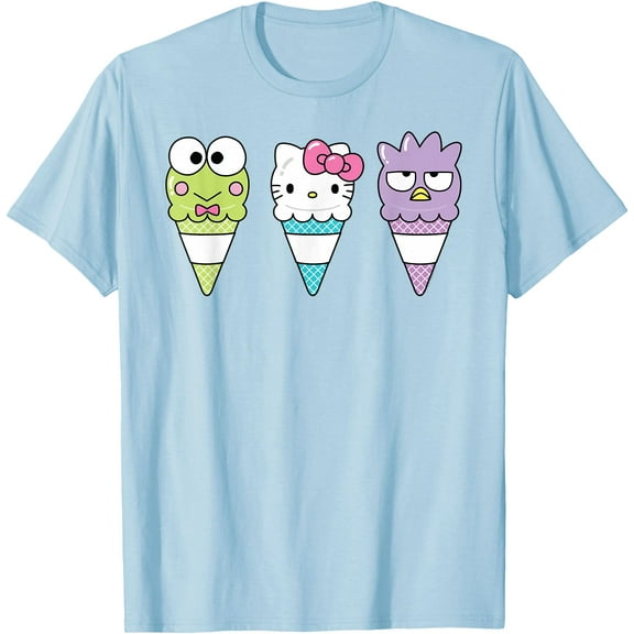 Keroppi Hello Kitty Badtz-Maru Ice Cream Cone DTG Print Unisex T-Shirt,Light Blue Color,Size XL
