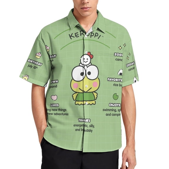 Keroppi Men's Hawaiian Shirts Short Sleeve Button Down Casual Shirts Summer Tropical Aloha Beach Shirts