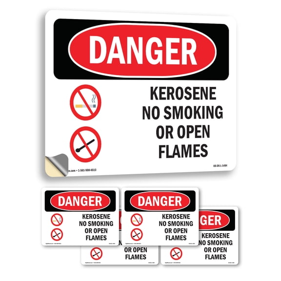 Kerosene No Smoking Or Open Flames OSHA Danger Vinyl Decal Label 7 Inch x 5 Inch - 5 Pack