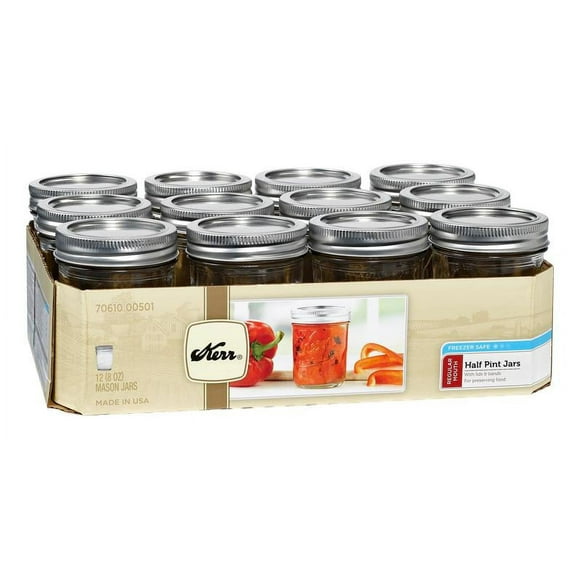 Kerr Canning Jars, Regular Mouth Half-Pint (8 oz.) Mason Jars with Lids and Bands, 12 Count