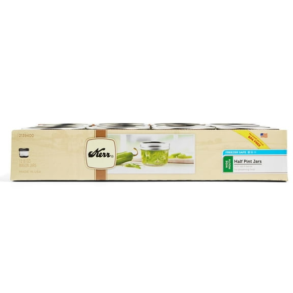 Kerr Canning Jars, Wide Mouth Half-Pint Mason Jars with Lids and Bands, 12 Count 8 oz