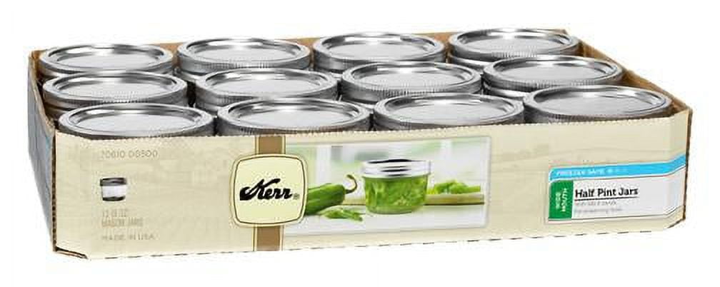 Kerr Canning Jars, Wide Mouth Half-Pint Mason Jars with Lids and Bands, 12 Count 8 oz