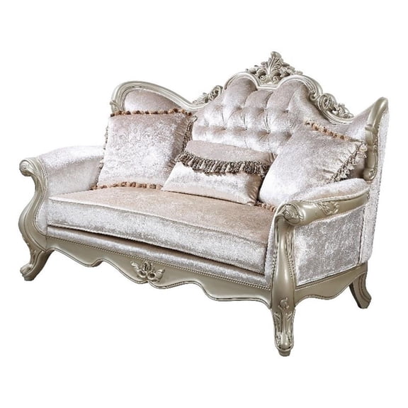Benjara Kerra Loveseat with Accent Pillow- Classic Beige Fleur De Lis 72 Inch
