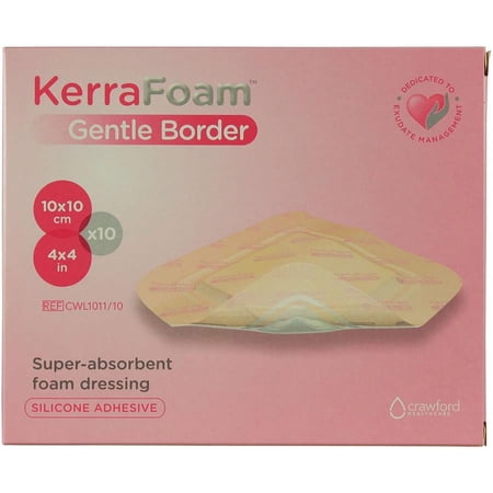 KerraFoam Gentle Border Silicone Foam Dressing, 4 Inches x 4 Inches, Sterile, 10 Count