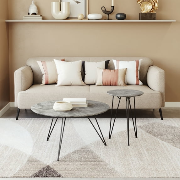 Kerris Coffee Table Set (2-Piece) Gray & Black Coffee Table, Modern Style, Faux Concrete MDF round shape tabletop, Steel, Indoor Living