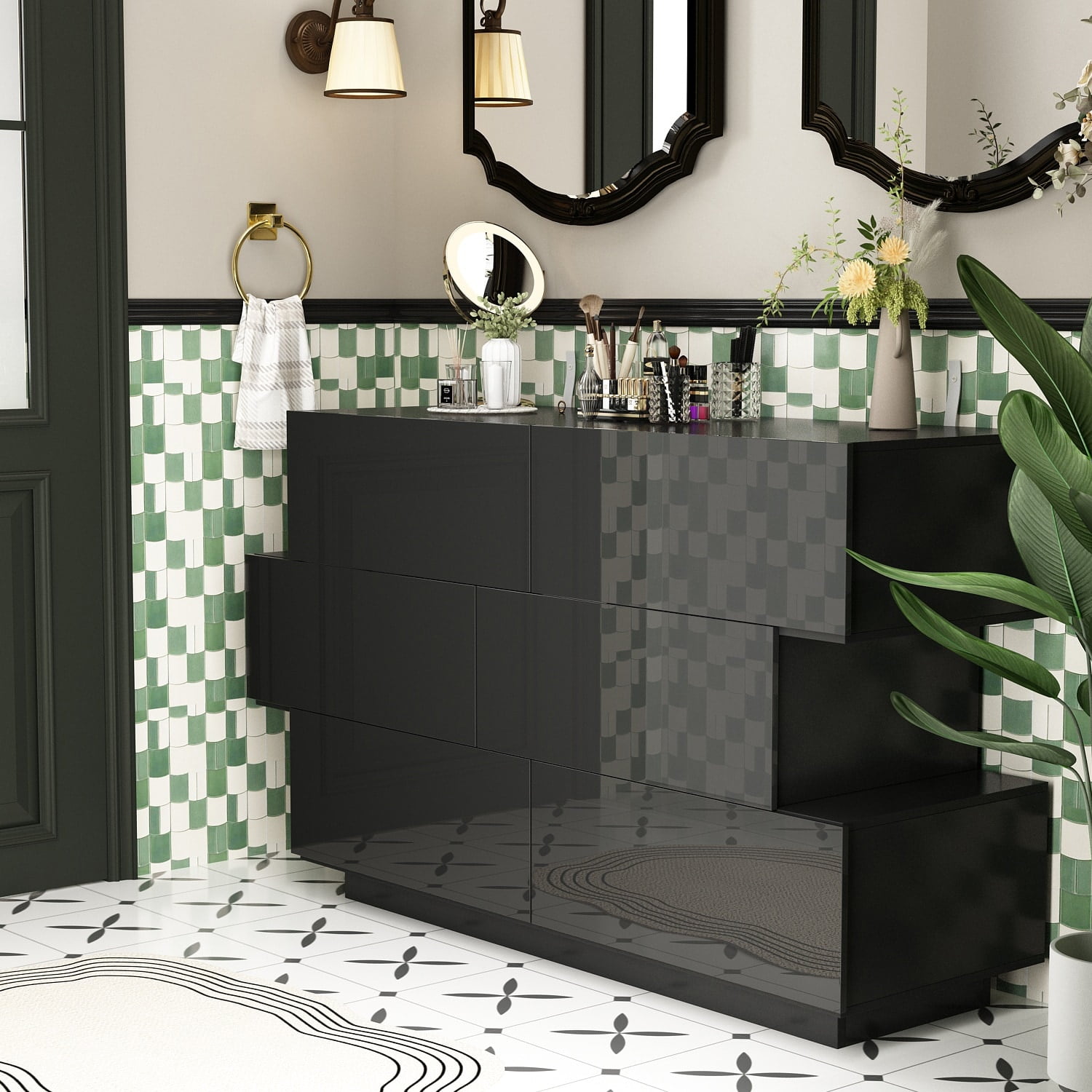 Kerrogee 6 Drawer Chest Bedroom Modern High Gloss Wood Dresser Closet Storage Black