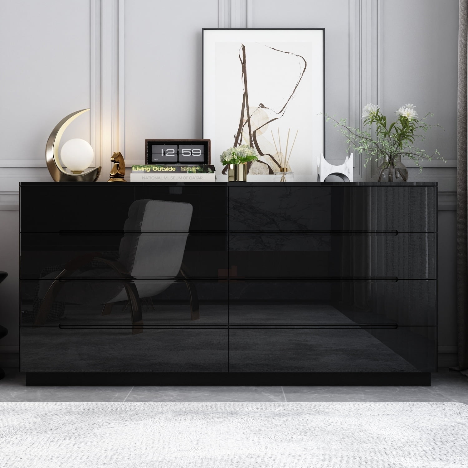Black High Gloss 63" Dresser with LED Lights and 8 Drawers