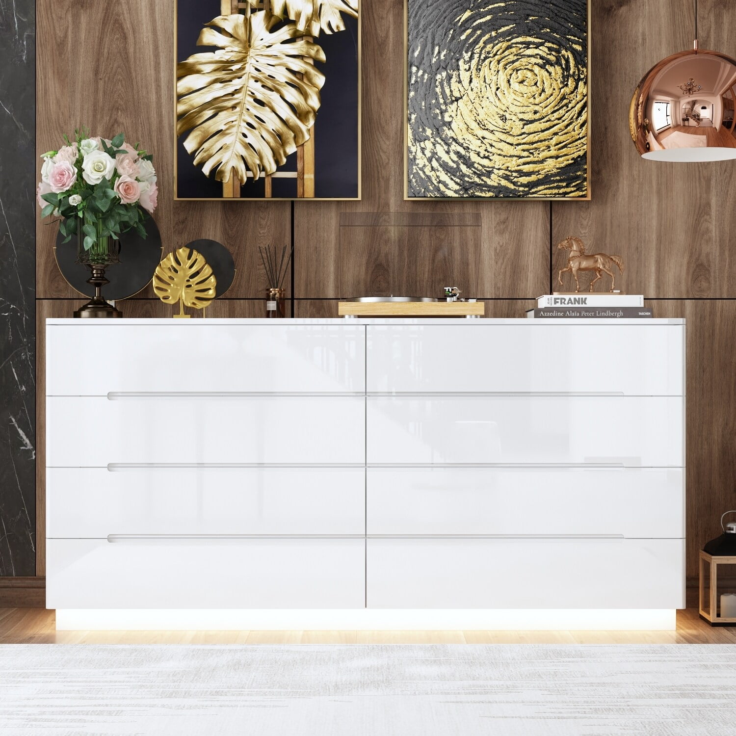 White High Gloss 63" Nursery Dresser with LED Lights and 8 Drawers