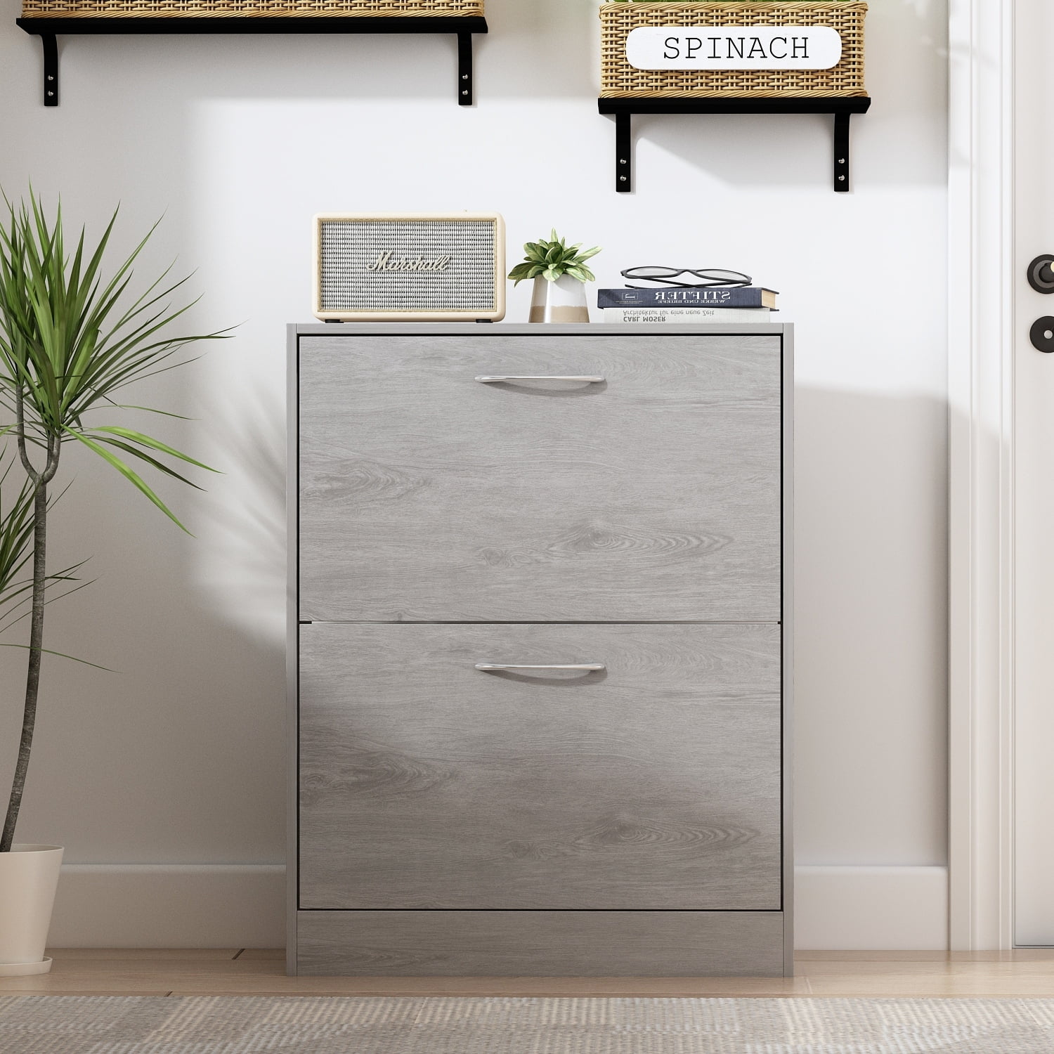 Grey Wood 12-Pair Shoe Storage Cabinet with Fold Drawers