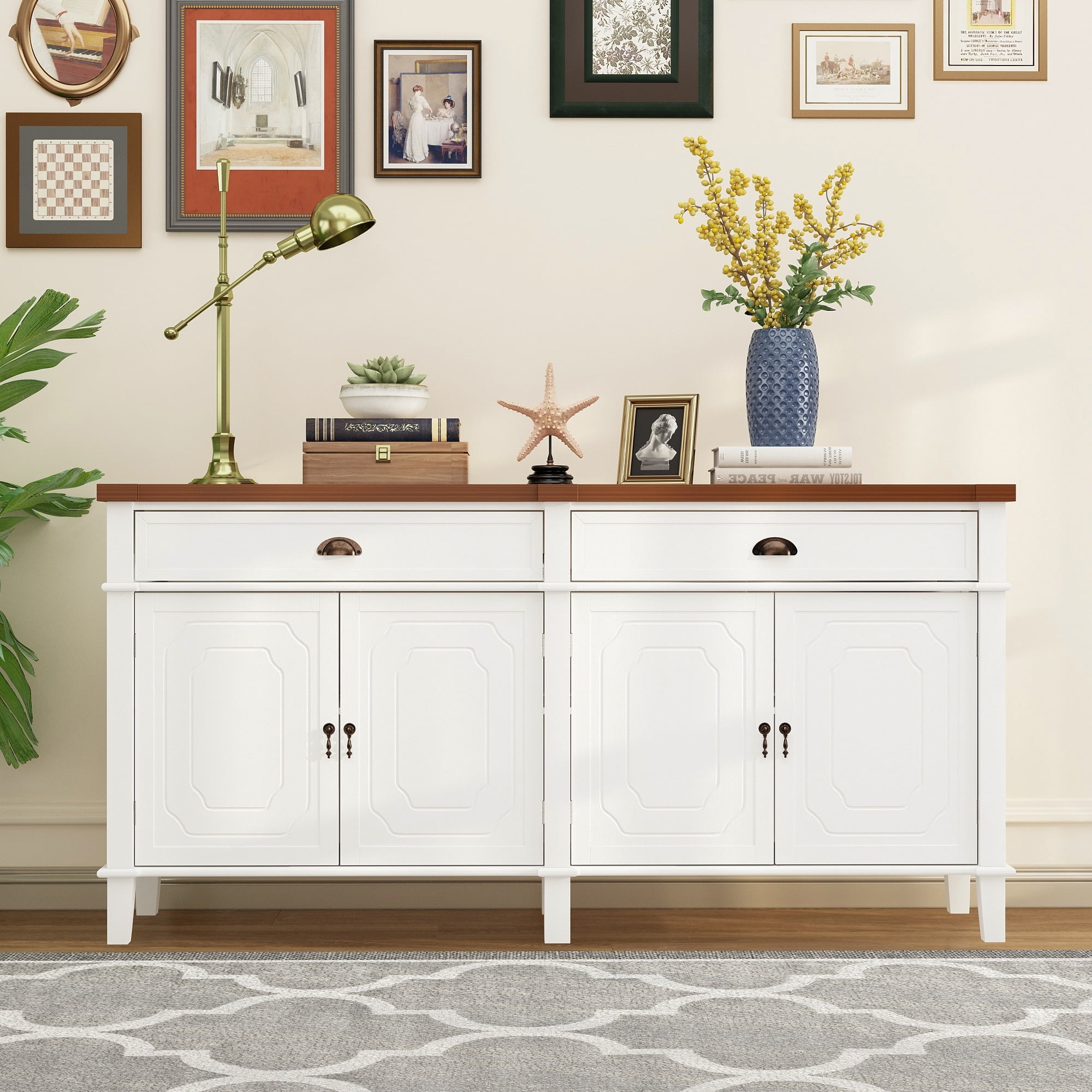 Kerrogee White Lacquer Buffet Cabinet Storage Credenza Console Table Cupboard - 63INCH