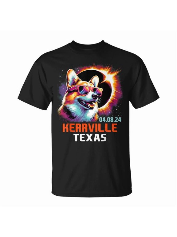 Kerrville Texas Total Solar Eclipse 2024 Corgi Dog T-Shirt – Cute Celestial Event Graphic Tee for Men Women Kids, Featuring Adorable Corgi and April 8 Path of Totality Design, , Size S, Color Black