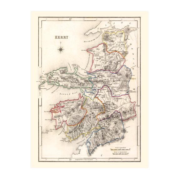 Kerry County Ireland Ireland Art, 1846 Vintage Map of Kerry County Ireland Ireland History Wall Decor Gift, Old Kerry County Ireland Map - 24" x 36" Unframed Print