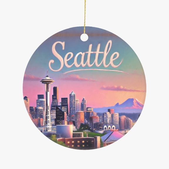 Kerry Park Seattle Skyline Scene Pastel Style Travel Ceramic Christmas Ornament Holiday Tree Hanging Gift for Travelers Friends Family Xmas Keepsake