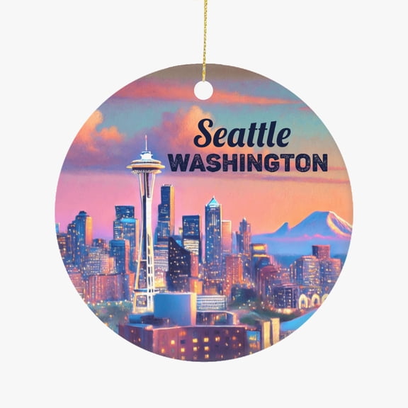 Kerry Park Seattle Skyline View Watercolor Travel Ceramic Christmas Ornament Holiday Tree Hanging Gift for Travelers Friends Family Xmas Keepsake