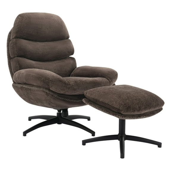 Kerry Swivel Lounge Chair & Footrest in Brown Fabric and Black Base