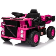 Kerry Yoo Ride on Dump Truck, 12V Construction Vehicle Tractor with Electric Dump Bed, Shovel, Remote Control, Bluetooth, Music for Kids-Pink