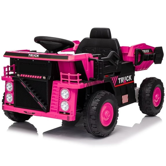 Kerry Yoo Ride on Dump Truck, 12V Construction Vehicle Tractor with Electric Dump Bed, Shovel, Remote Control, Bluetooth, Music for Kids-Pink
