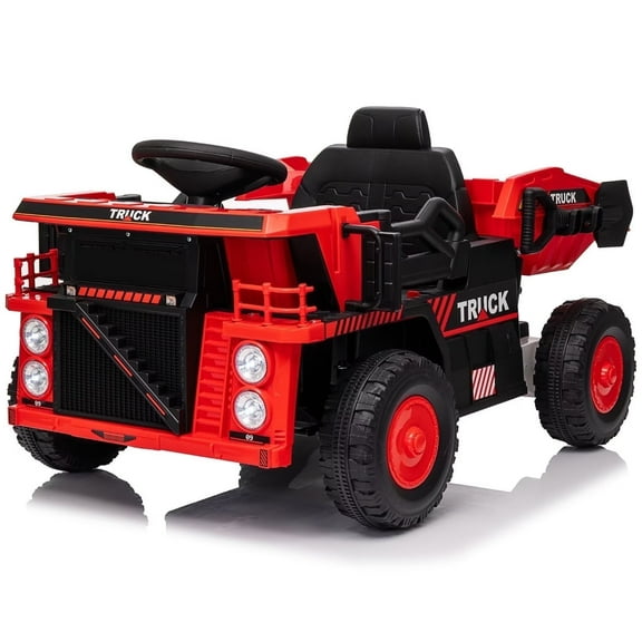 Kerry Yoo Ride on Dump Truck, 12V Kids Construction Vehicles Tractor, with Dump Bed, Shovel-Red