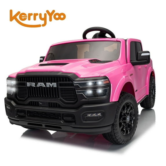 Kerry Yoo SQ7 Ride on Toys Car, 24V RAM Truck Electric Vehicle for Kids, Pickup Truck, 2 Seater, Bed Storage, Remote Control, Safety Belt, Music- Pink