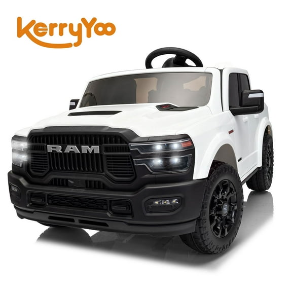 Kerry Yoo SQ7 Ride on Toys Car, 24V RAM Truck Electric Vehicle for Kids, Pickup Truck, 2 Seater, Bed Storage, Remote Control, Safety Belt, Music- White