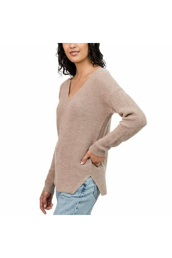Ladies' Waffle Knit Sweater, Tan Large
