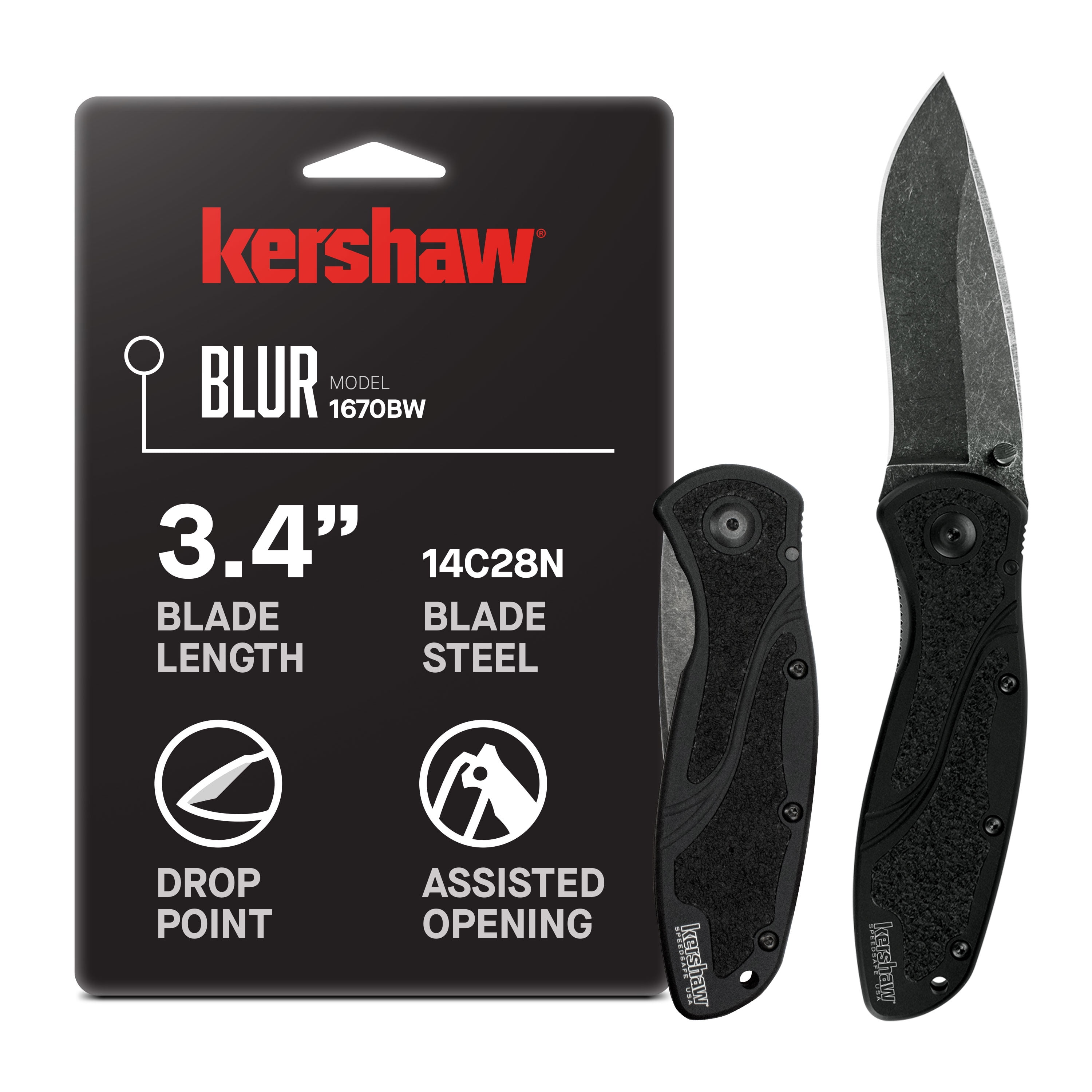 Kershaw Blur Blackwash Folding Knife (1670BW); 3.4” BlackWash 14C28N Steel Blade; Black Anodized Aluminum Handle with Black Textured Trac-Tec Inserts, SpeedSafe Opening, Reversible Pocketclip; 3.9 OZ