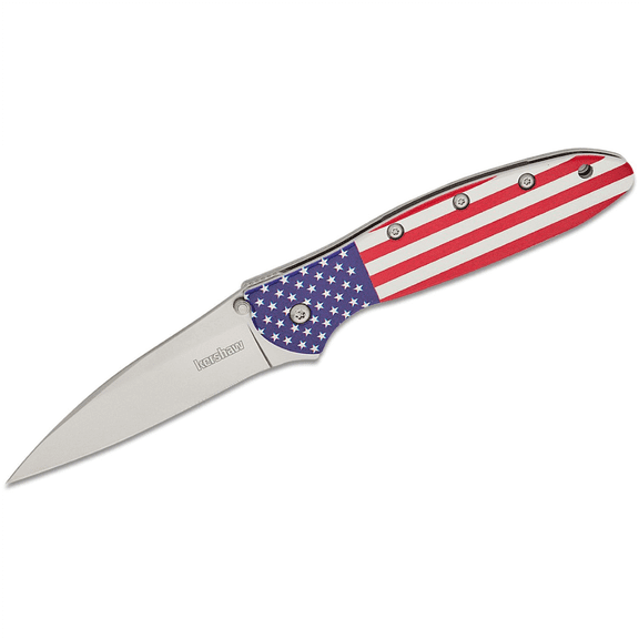Kershaw Leek Assisted Open Liner Lock Drop Point Blade EDC Folding Pocket Knife - USA Flag/Silver