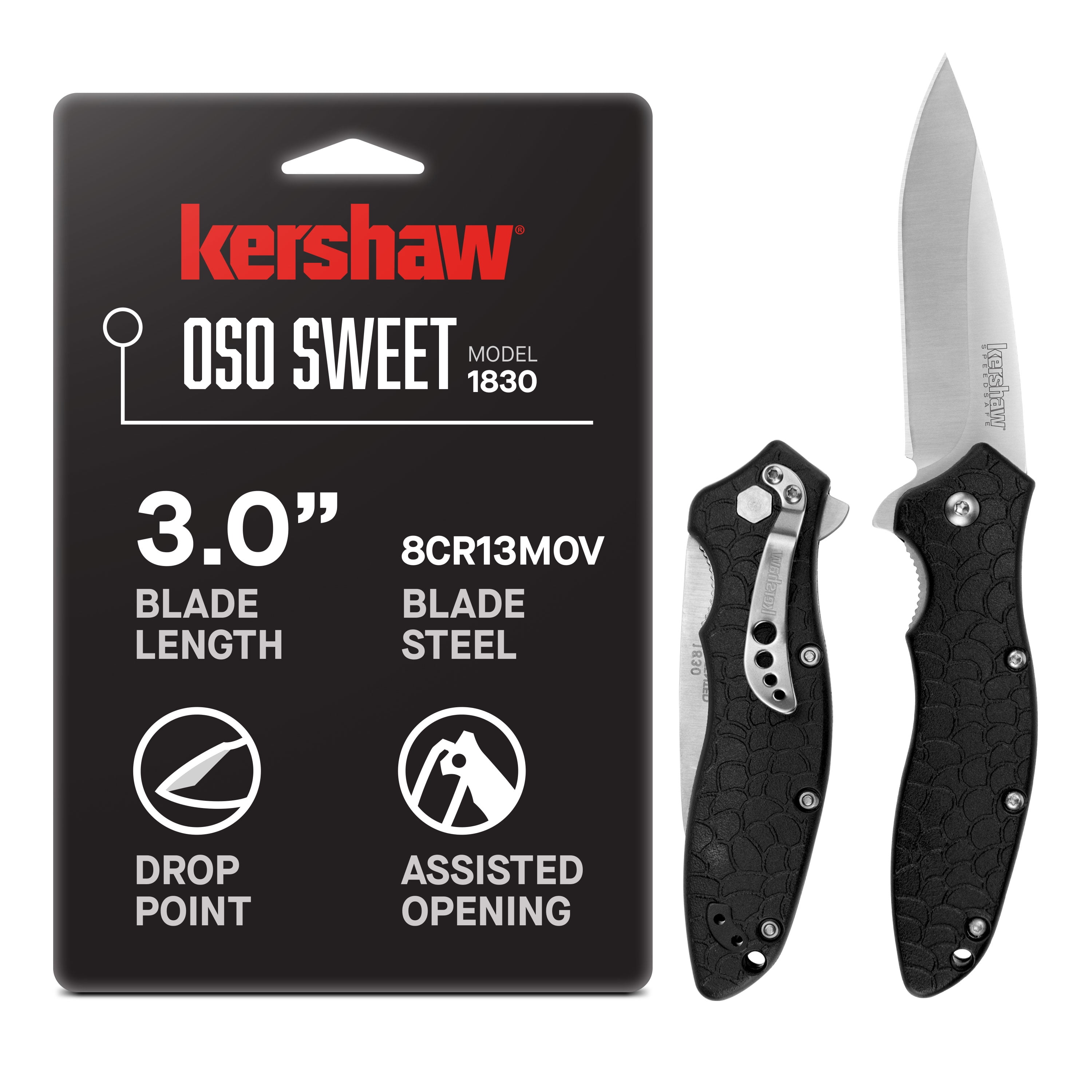 Kershaw Oso Sweet (1830), Folding Pocketknife, 3.1-Inch 8Cr13MoV Stainless Steel Blade, Satin Finish, Black Glass-Filled Nylon Handle, Liner Lock, Reversible Pocketclip, 3.2 OZ.