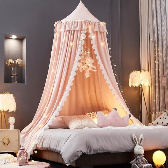Kertnic Bed Canopy for Girls, Ruffled Soft Pink Princess Canopy Dreamy Bow Decor, Bed Canopies for Kids Room, Hanging Canopy Bedding Drapes Toddler Reading Nook Play Tent (Pink)