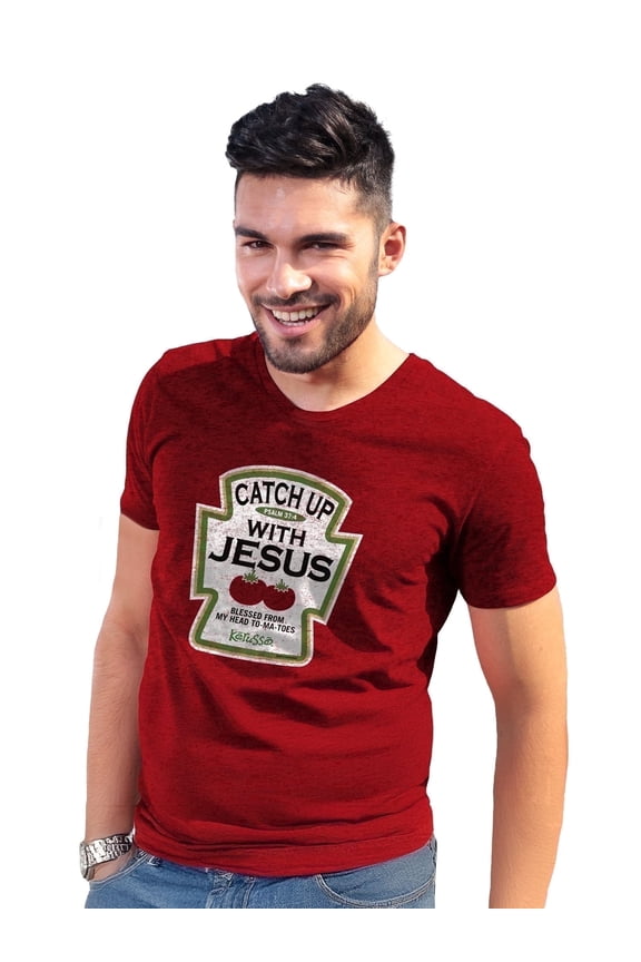Unisex Short Sleeve Casual T-Shirt, Catch Up with Jesus, Red, LG
