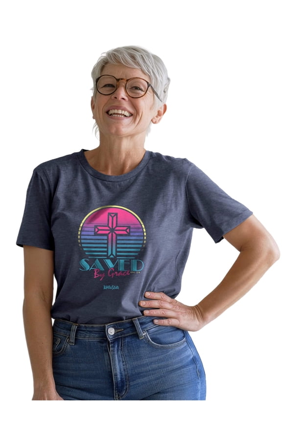 Womens Short Sleeve Casual T-Shirt, Saved By Grace Cross, Heather Navy, SM