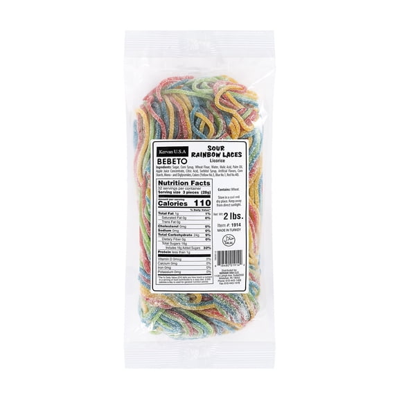 Kervan Candy Bebeto Sour Rainbow Licorice Laces, Soft & Chewy Halal Licorice Candy, 2 lb Bulk Bag