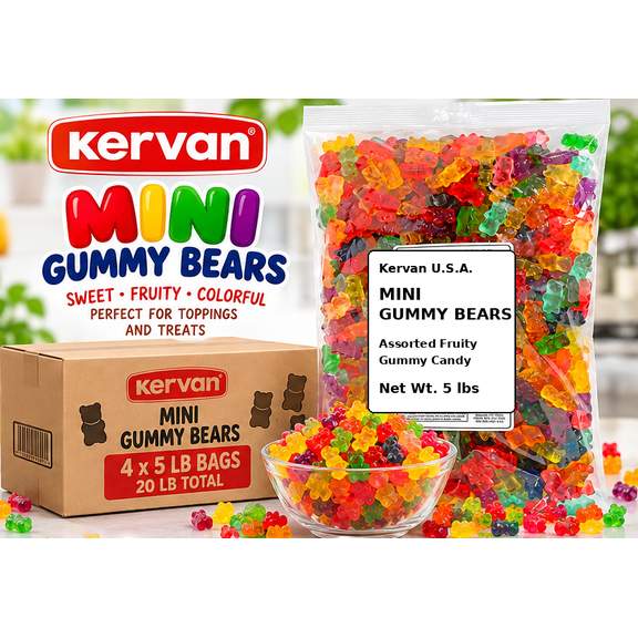 Kervan Mini Gummy Bears, Assorted Fruity Gummy Candy, 5 lb Bags, 4 Count Case, 20 lb Total