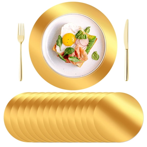 KesaPlan 100PCS Round Gold Placemats, 13" Disposable Paper Placemats for Dining Table, Mirrored Gold Charger Place Mat for Kitchen Banquet Table Setting Wedding Birthday Dinner Party Decor A101