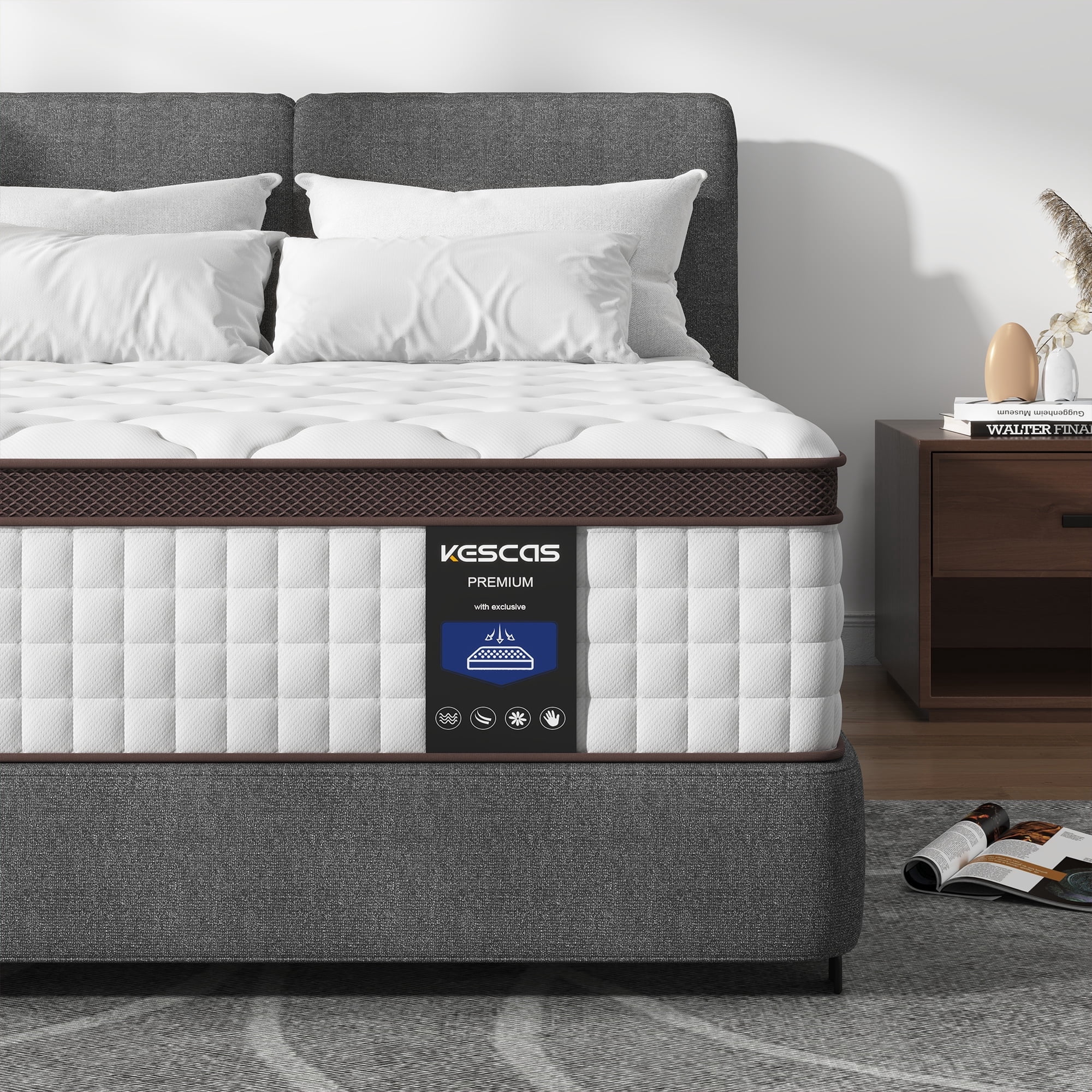 Kescas Queen Mattress, 10 Inch Plush Pillow Top Mattress with Heavier Coils& Gel Memory Foam, Medium Firm Feel, for Back Pain