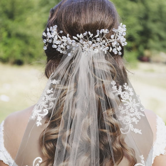 Kesenlong Floral Embroidered Bridal Veil, White, 36" x 24"