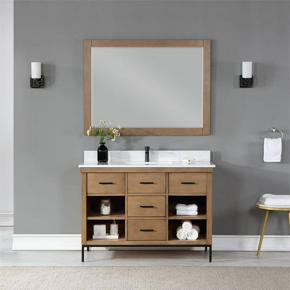 Kesia 48" Single Bathroom Vanity Set in Brown Pine with Aosta White Composite Stone Countertop with Mirror