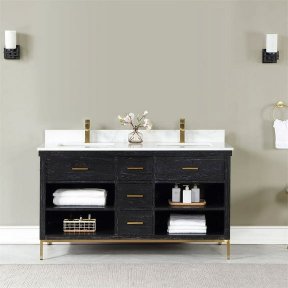 Kesia 60" Double Bathroom Vanity Set in Black Oak with Aosta White Composite Stone Countertop without Mirror