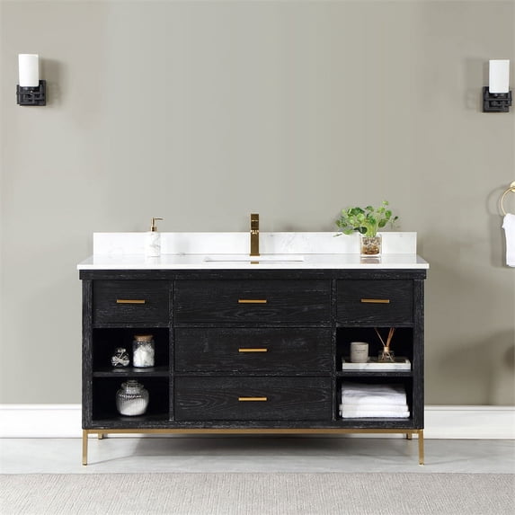Kesia 60" Single Bathroom Vanity Set in Black Oak with Aosta White Composite Stone Countertop with Mirror