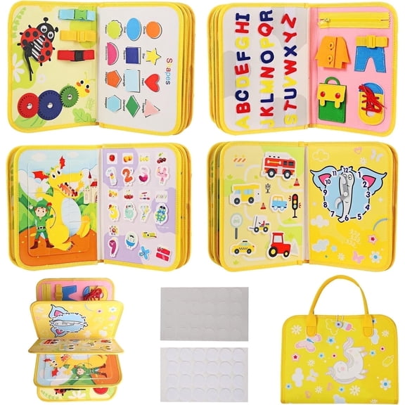 Kesletney Busy Board for 3-5 Year Boys Girls, 5 Page Toddler Montessori Fine Motor Skills Preschool Toys, Yellow