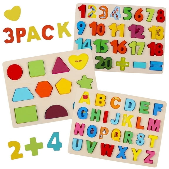 Kesletney Wooden Alphabet Number Shape Learning Puzzles for Toddlers Boys Girls Ages 3-6 Years Old