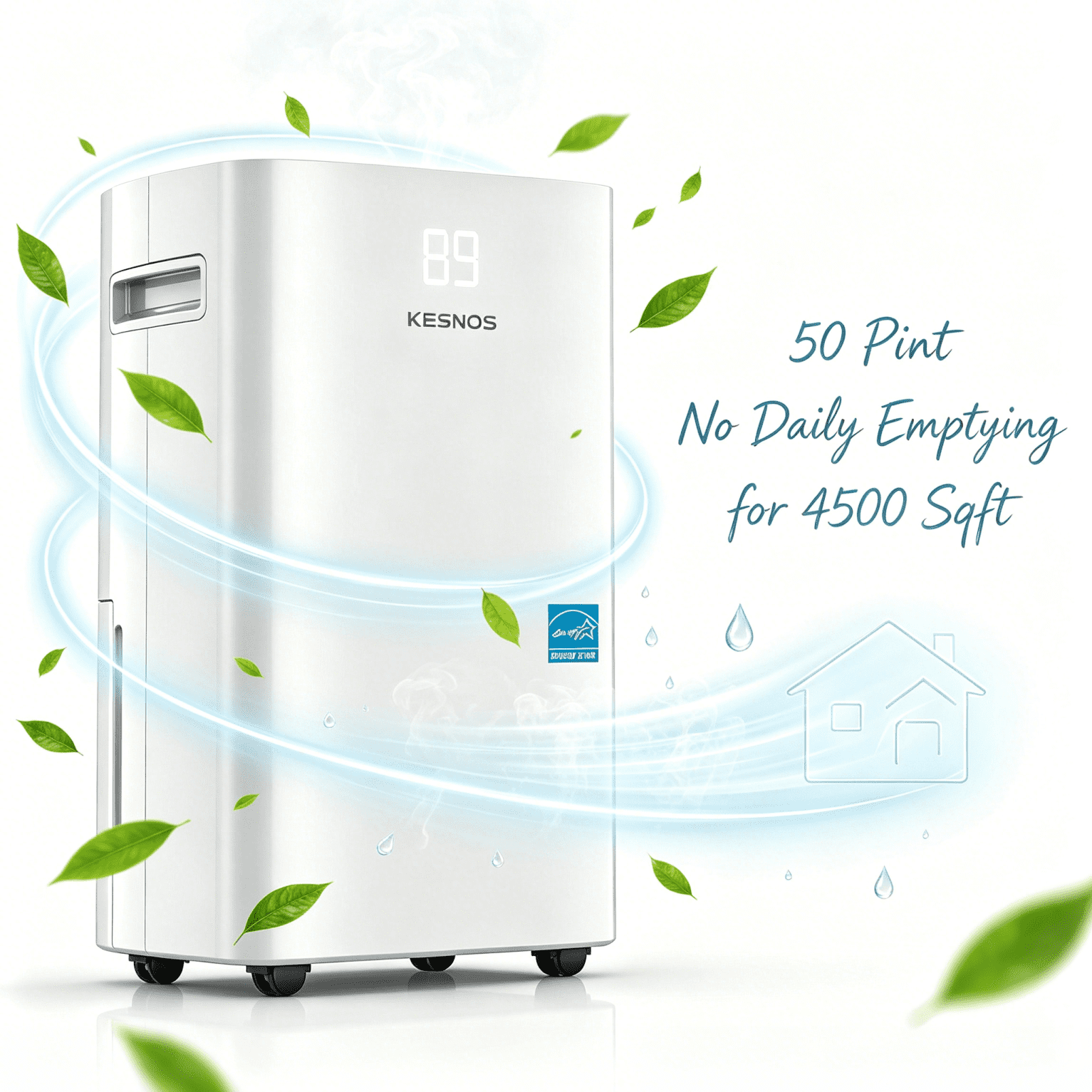 Kesnos 50 Pints Energy Star Dehumidifier for 4500 Sq. Ft, Most Efficient 2025 Certified, Intelligent Humidity Control, 24H Timer, Auto Drain, Quiet Operation for Home Basement Large Room, White