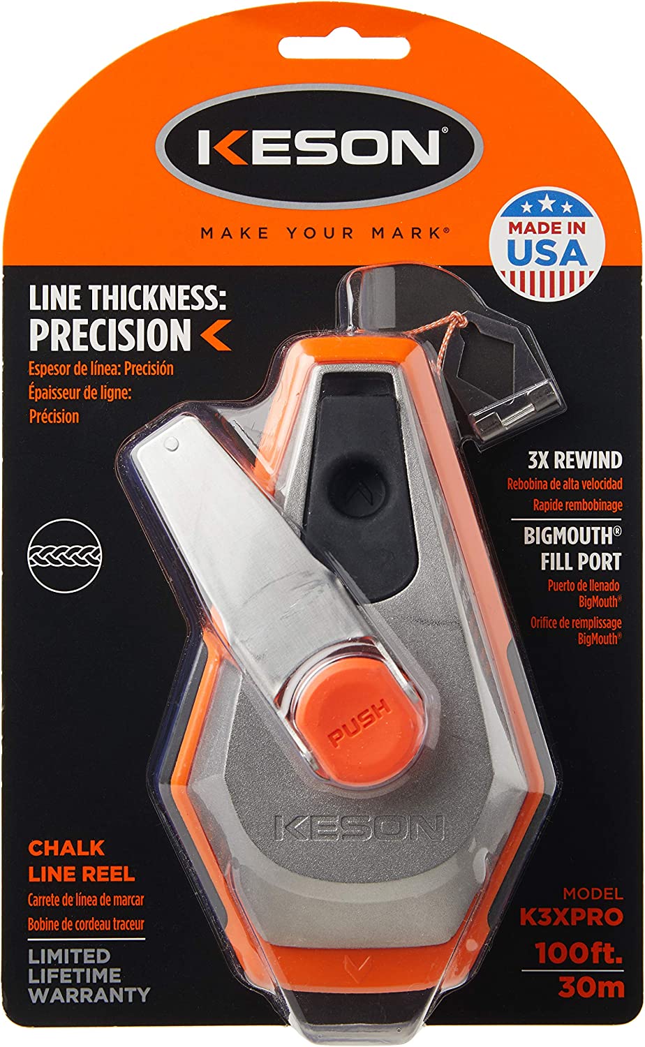 Keson K3XPRO Precision String Chalk Line Reel with 3X1 Rewind, 100Foot